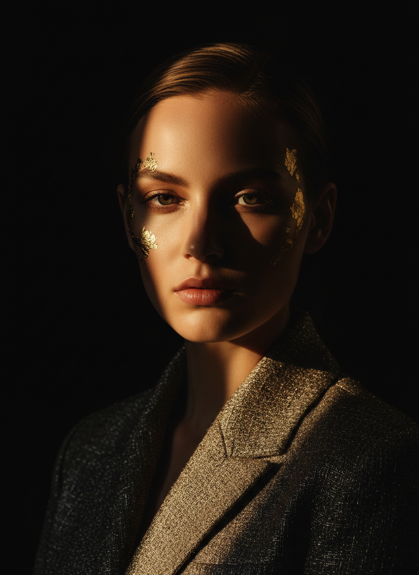 Luxury portrait photography, dramatic chiaroscuro lighting on a model's face, deep black background, warm golden light accents, editorial fashion aesthetic, high-end premium feel, cinematic mood