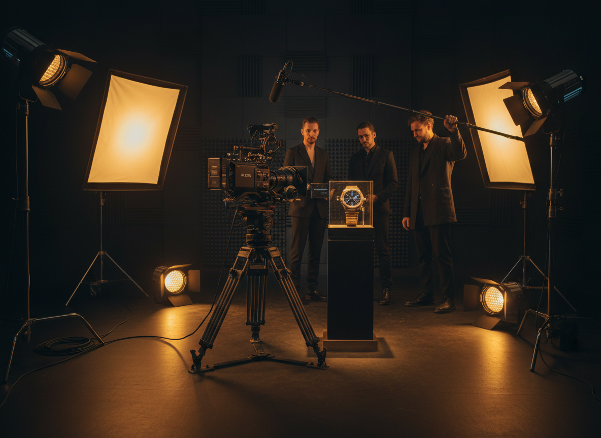 High-end commercial product and video production scene, sleek studio setup with cinema camera and warm gold lighting rigs, deep charcoal black environment, premium professional cinematography feel