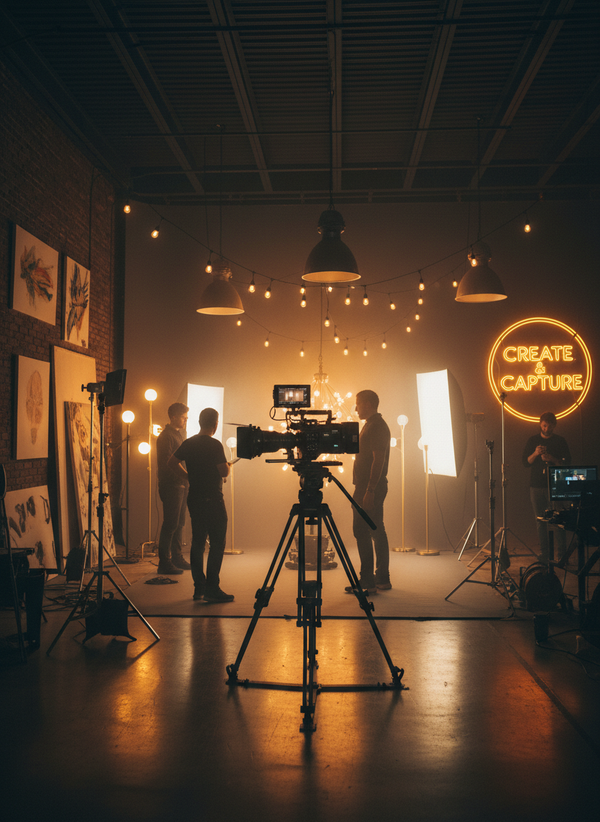 Behind the scenes of a professional photo and video production studio, cinema camera on tripod, warm golden practical lights, moody dark charcoal atmosphere, artistic creative media environment