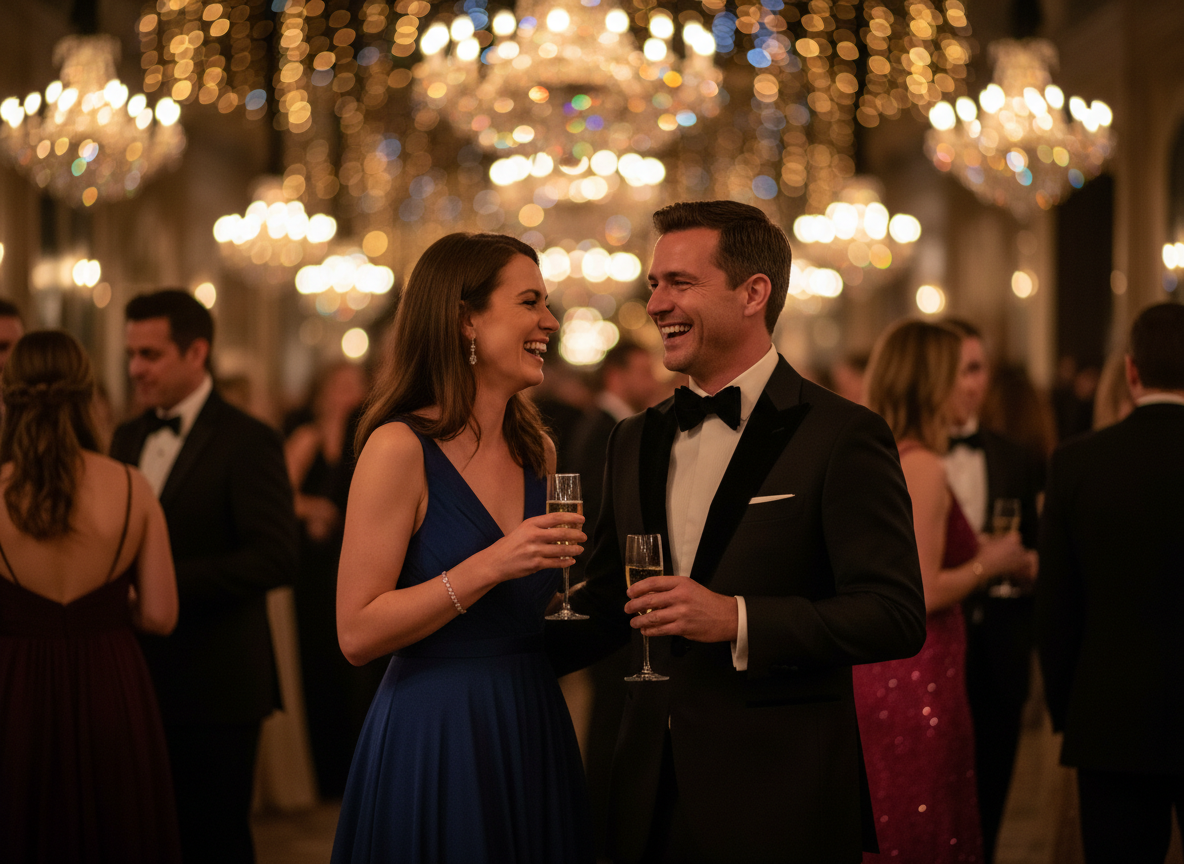 Elegant event coverage photography, candid moment at an upscale evening gala, warm ambient golden lighting, blurred bokeh lights, sophisticated atmosphere, dark cinematic tones